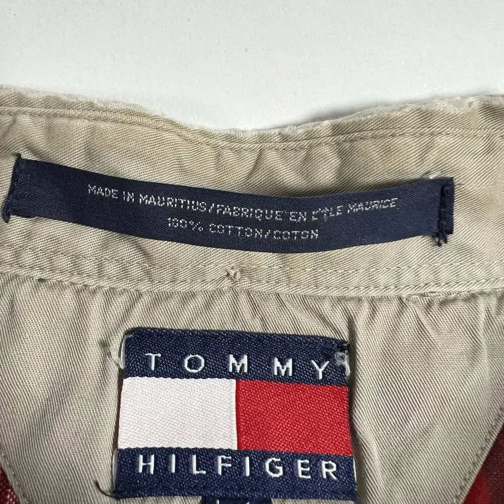 VTG‎ Tommy Hilfiger Men's Red Plaid Woven Cotton Button-Up Shirt LS Pockets L/G